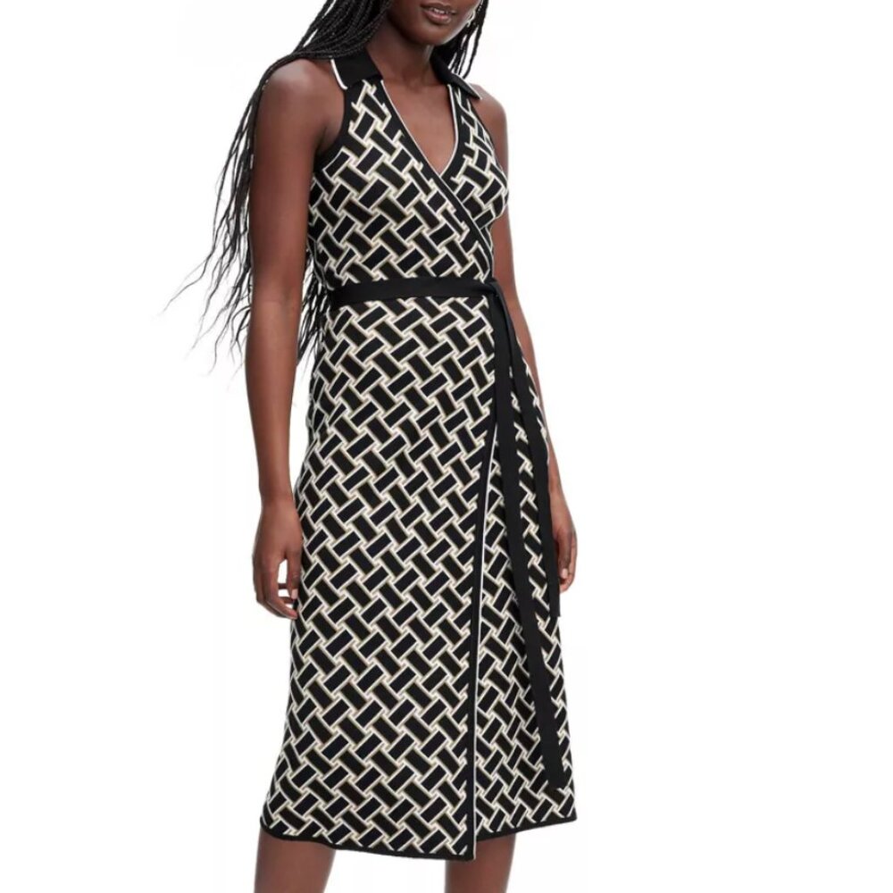 NWT! Collared Sleeveless Vintage Weave Neutral Sweaterknit Midi Wrap Dress